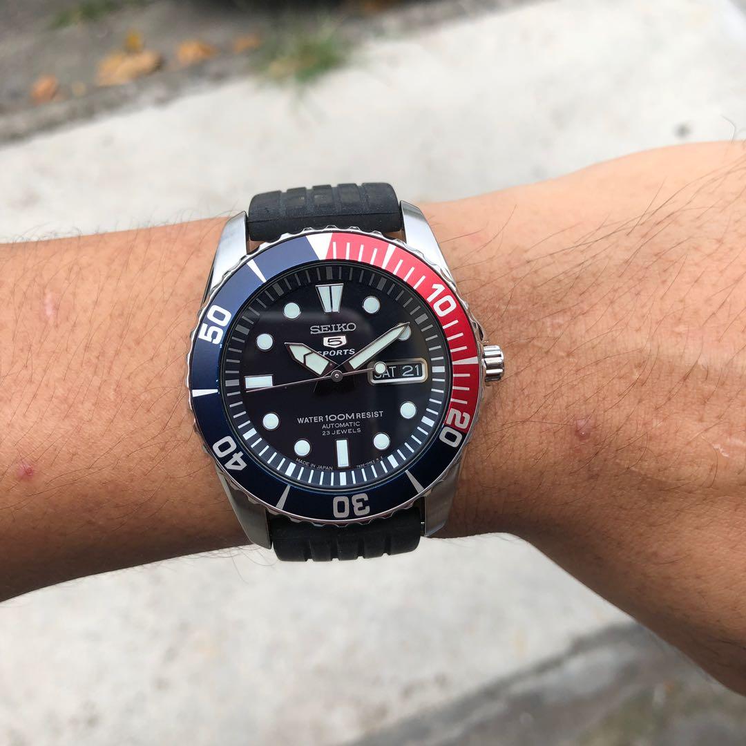Pre-Owned] Seiko 5 Sports Automatic Watch In Pepsi Res Blue Bezel Sea Urchin  on Rubber Strap SNZF15J2, Mobile Phones & Gadgets, Wearables & Smart  Watches on Carousell