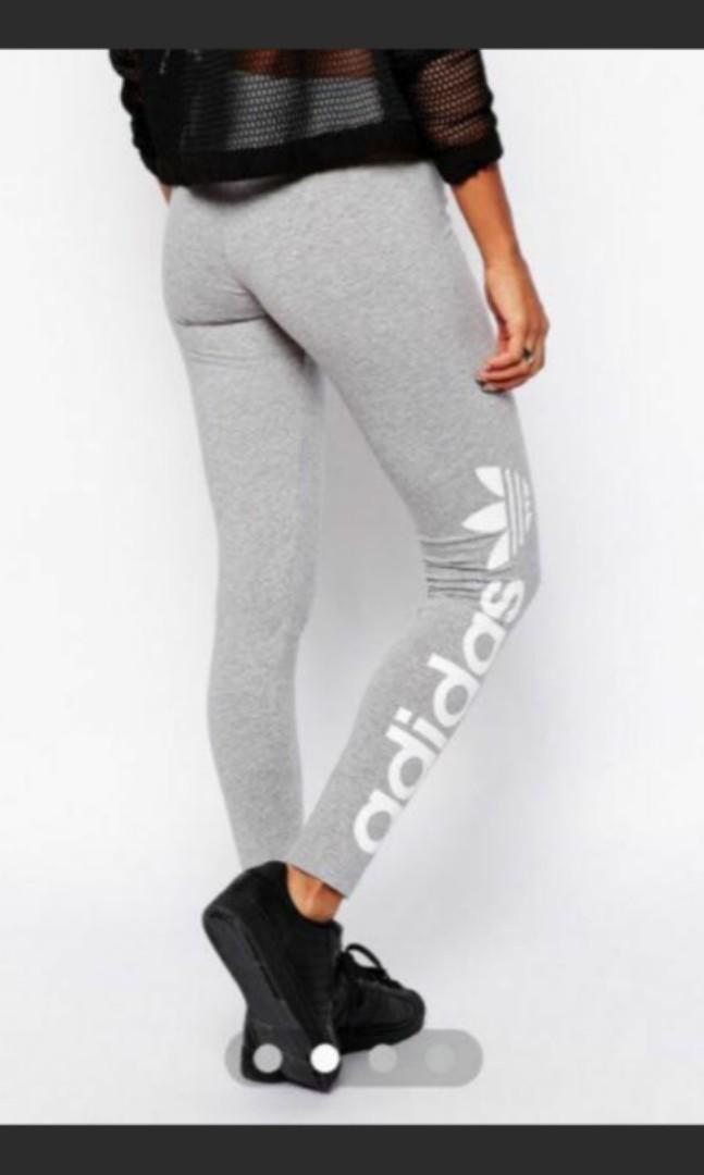Authentic Adidas originals grey legging tights cotton white logo 3 leaves