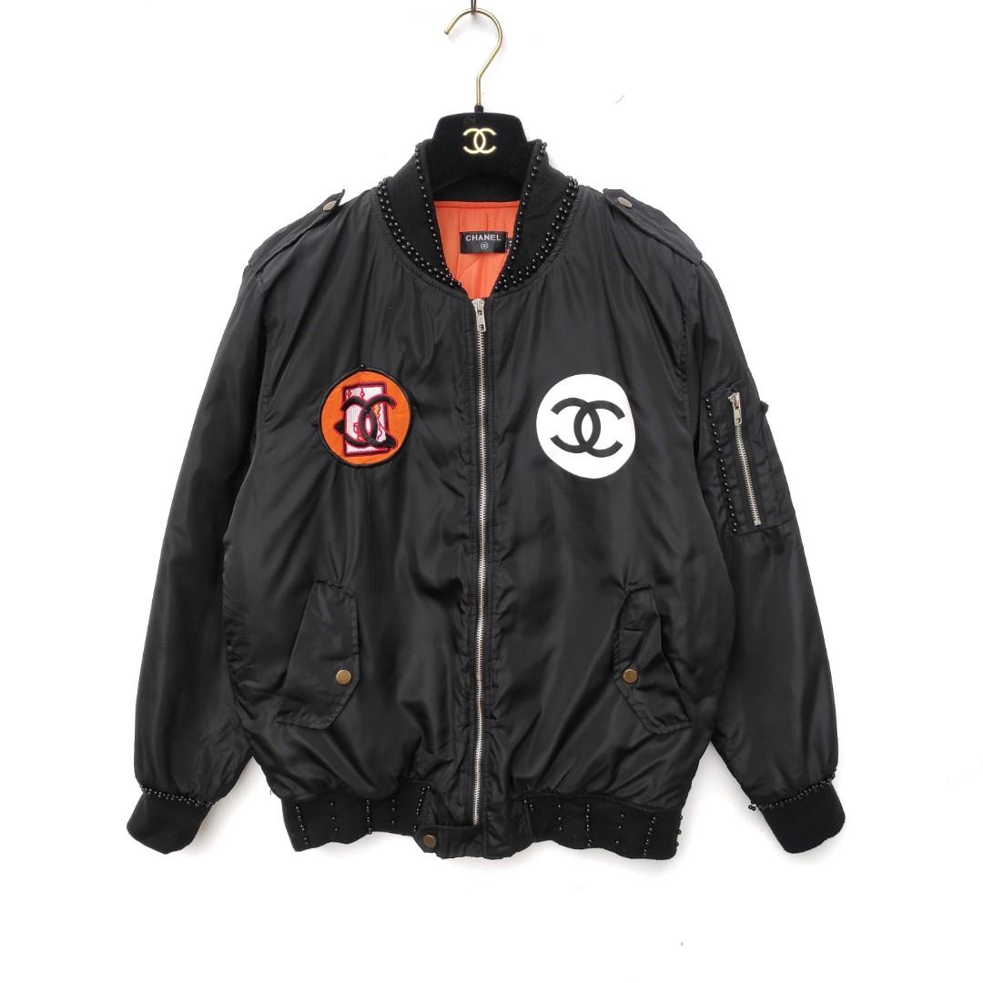 Grey denim bomber jacket by Chanel with embroidered logo  CIRCLE CLOSET