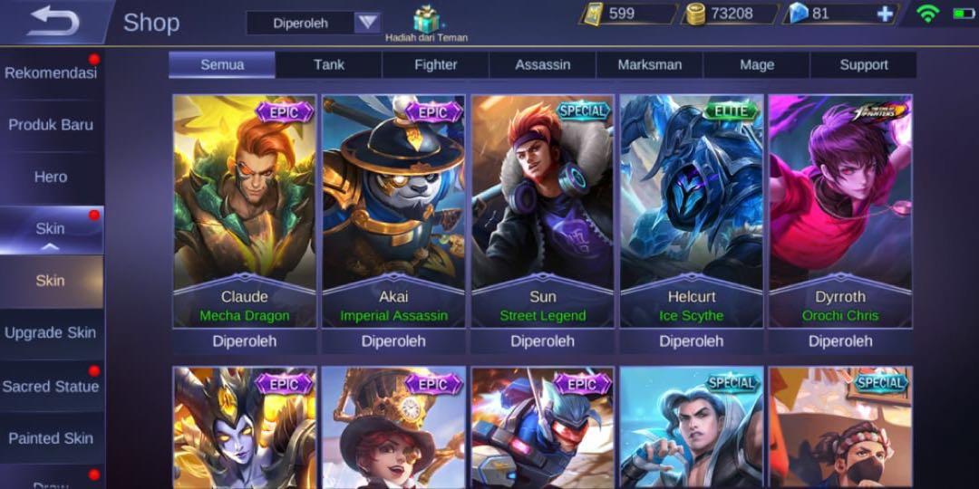 Kof Gusion Plenty Epic Limited Skins Cheap Account Mobile Legends Toys Games Video Gaming In Game Products On Carousell