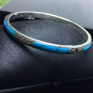 NB46 Blue Turquoise  Cab 21x4mm Marcasite 925 Sterling Silver Bangle 2.1 Inches