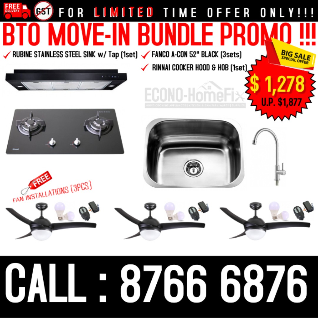 Free Delivery Bto Move In Bundle Promo Rubine Kitchen Sink Kitchen Tap Rinnai Cooker Hood Hob Fanco A Con Ceiling Fan Home Appliances Kitchenware On Carousell