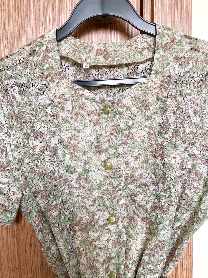 Vintage Green & Grey Floral Dress, Women's Fashion, Tops, Sleeveless on Carousell