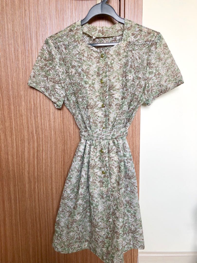 Vintage Green & Grey Floral Dress, Women's Fashion, Tops, Sleeveless on Carousell