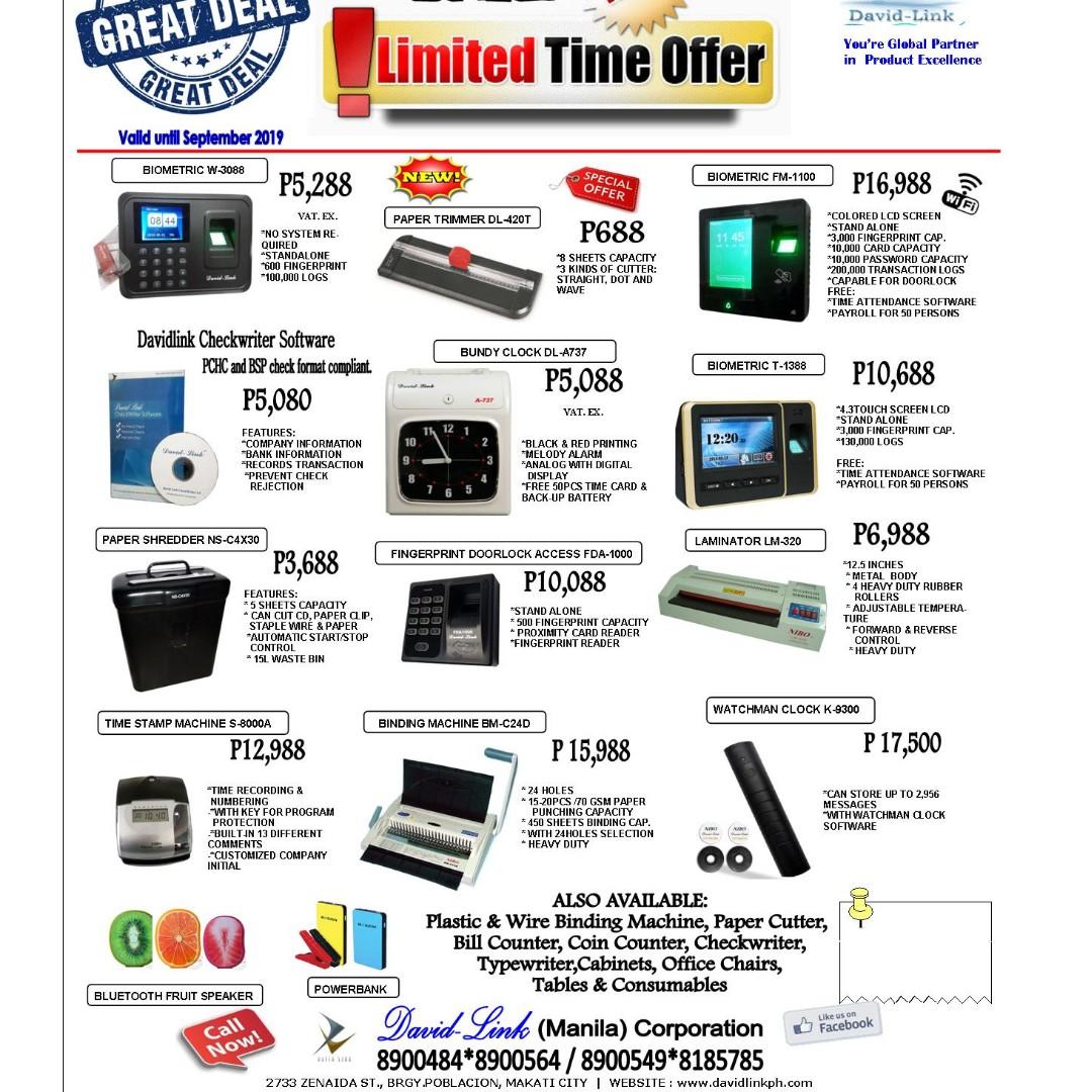 biometric fingerprint bundy clock time recorder paper shredder (Category: Security Systems & CCTV Cameras) located in Makati City. Submitted by davidlinkcorp (Listing ID 238616449, Image 2). Description: *Please call for price* Bundy Clock time recorder DL- A737 Free: -Back-up battery for power reserve & 50pcs time card Biometric Fingerscan W-3088 - 1500 fingerprint capacity - 100,000 transaction logs Paper Shredder C4x30 cross-cut - 5-7 sheets c