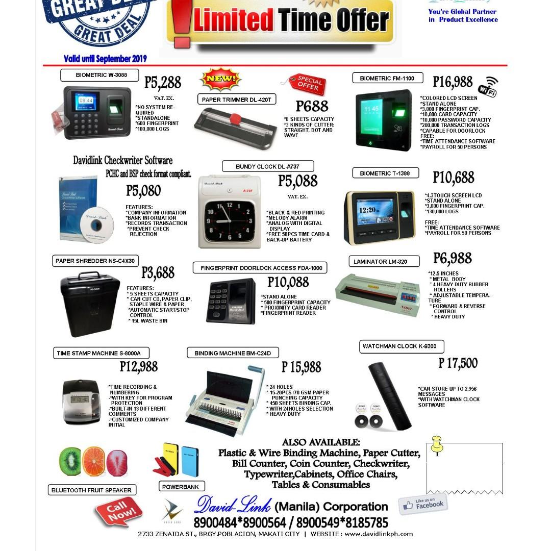 bundy clock time stamp machine biometrics fingerprint (Category: Office & Business Technology) located in Makati City. Submitted by davidlinkcorp (Listing ID 238616426, Image 2). Description: *Please call for price* Product Description: -Bundy clock Model DL-A737 Two color printing Black and Red Has melody alarm With 50 pcs Time card & back-up battery -Timestamp S8000A *Time Stamping *Numbering Machine *It has password and key for program protect