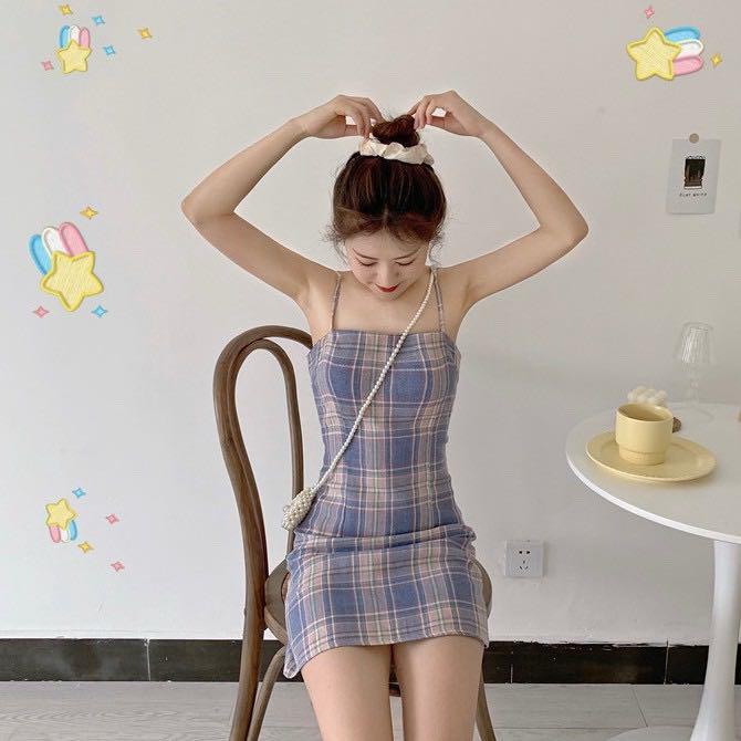 403 blue purple checkered retro vintage spaghetti strap dress spag - Main Image