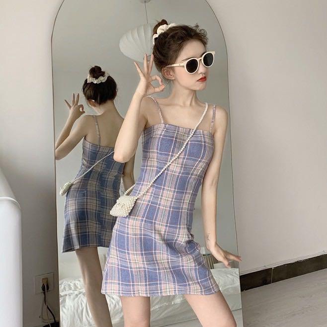 403 blue purple checkered retro vintage spaghetti strap dress spag