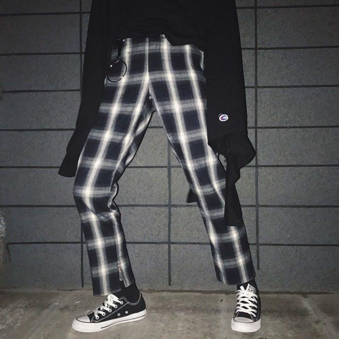 417 checkered plaid long pants plaid grid blue black ulzzang
