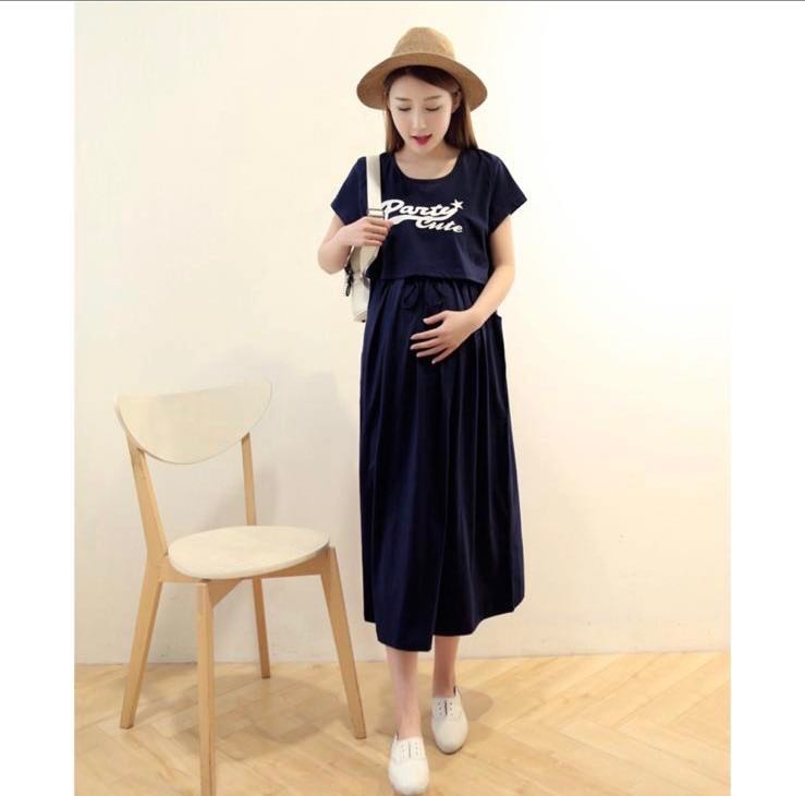 cute korean dress for pregnant Korean Style Maternity Dress, French Sweet Loose Summer Dress For Pregnant Women, Plus Size Casual MidLength Dress - Blue 2xl 80 100kg