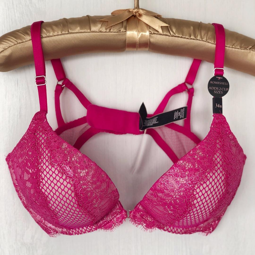 Victoria's Secret 32B Bombshell Bra Plunge Red Pink Lace Overlay