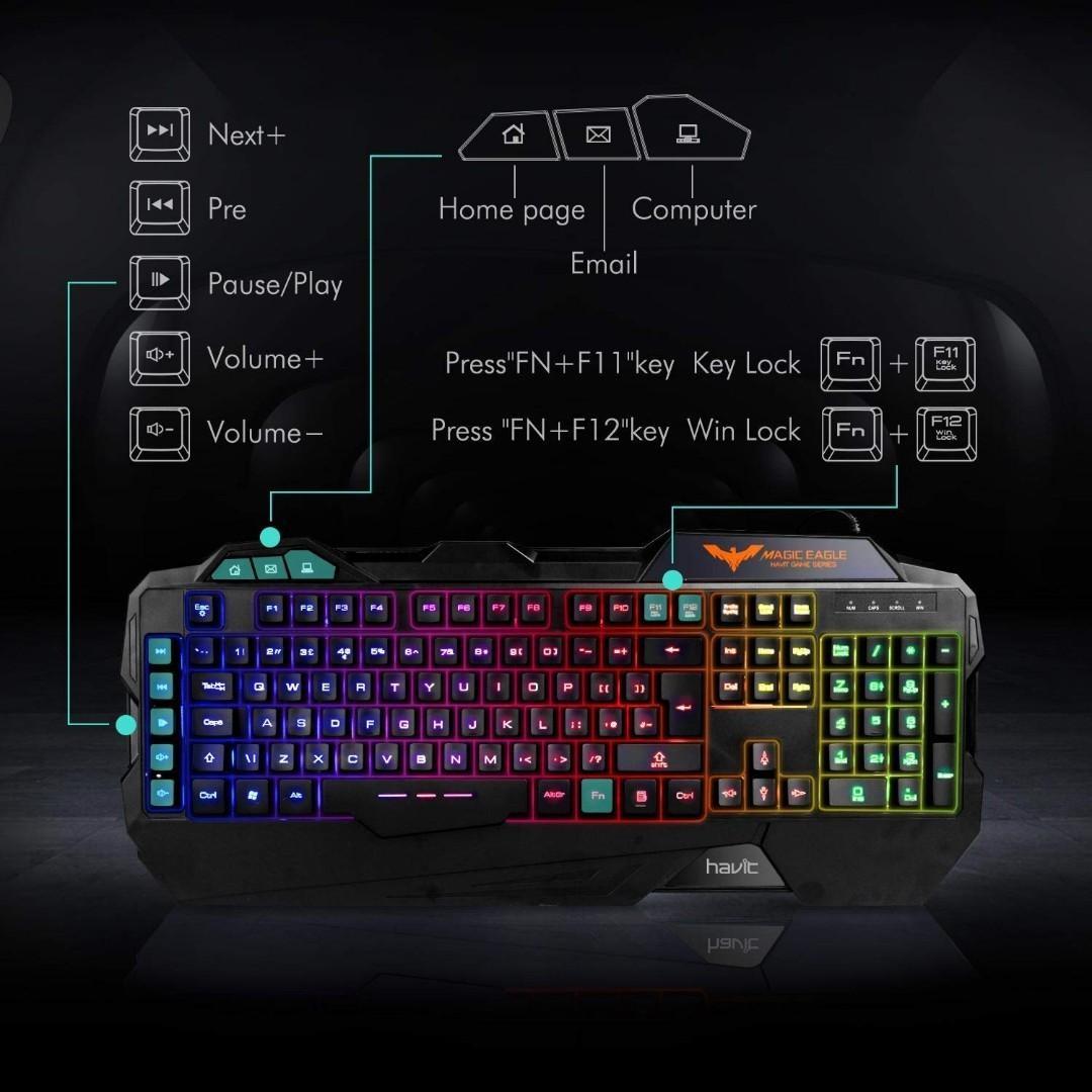 2447A) MAGIC EAGLE Gaming Keyboard {UK Layout}, HAVIT Rainbow LED