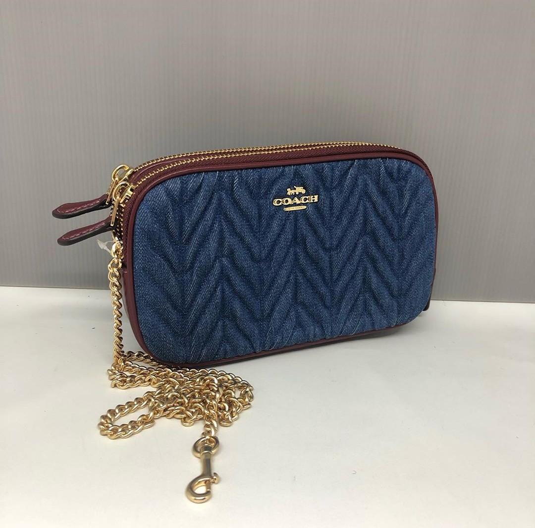 Coach Double Zip Crossbody Pouch With Quilting 19 12 3 In Denim