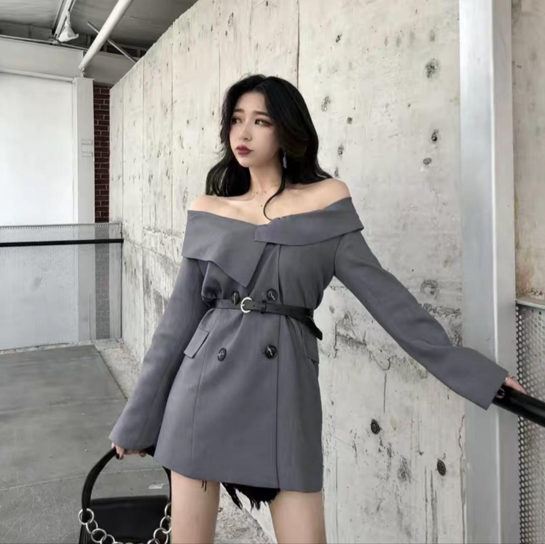 Trench coat dress off the shoulder top