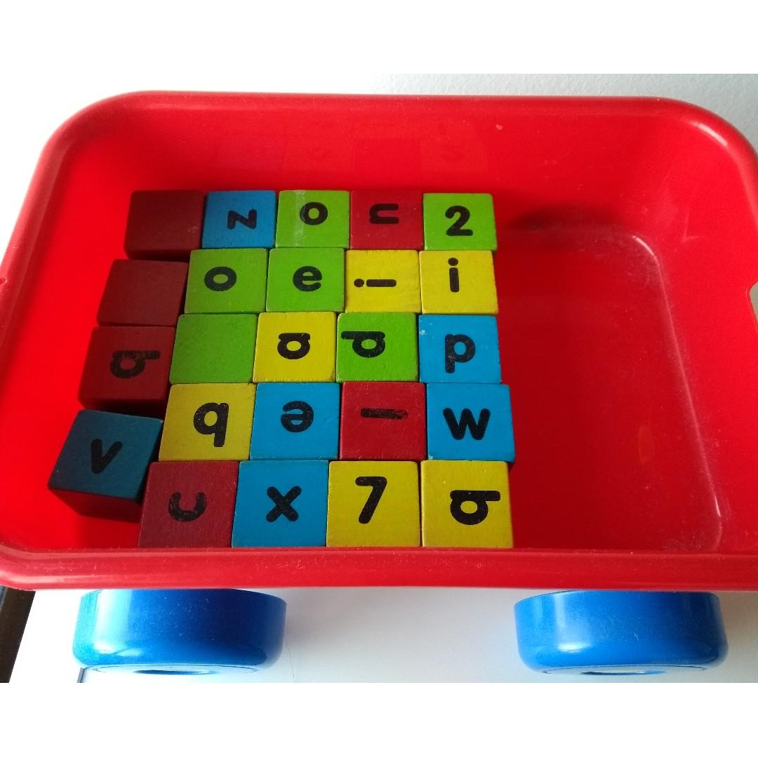 Push-pull trolley with wooden alphabet and number blocks, Babies & Kids ...