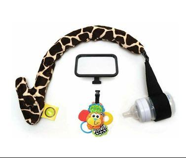 Baby Giraffe Stroller Crib Spine and Clamp Bottle Holder Toy Loop Safety Mirror Sun shade