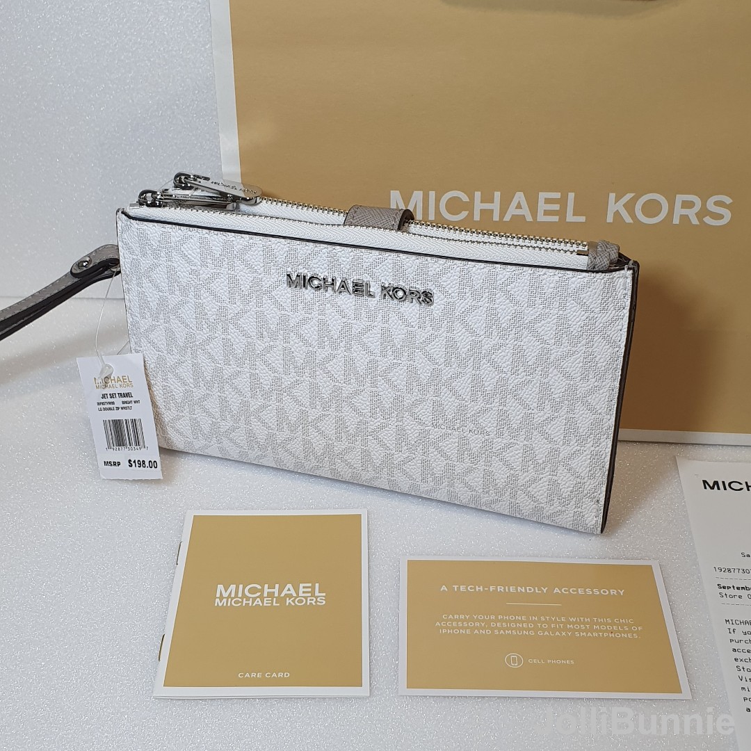 MICHAEL KORS Jet Set Travel Large Double Zip Wristlet (Bright White)  #35F8STVW0B #michael kors wallet #phone holder, Women's Fashion, Bags &  Wallets, Wallets & Card Holders on Carousell