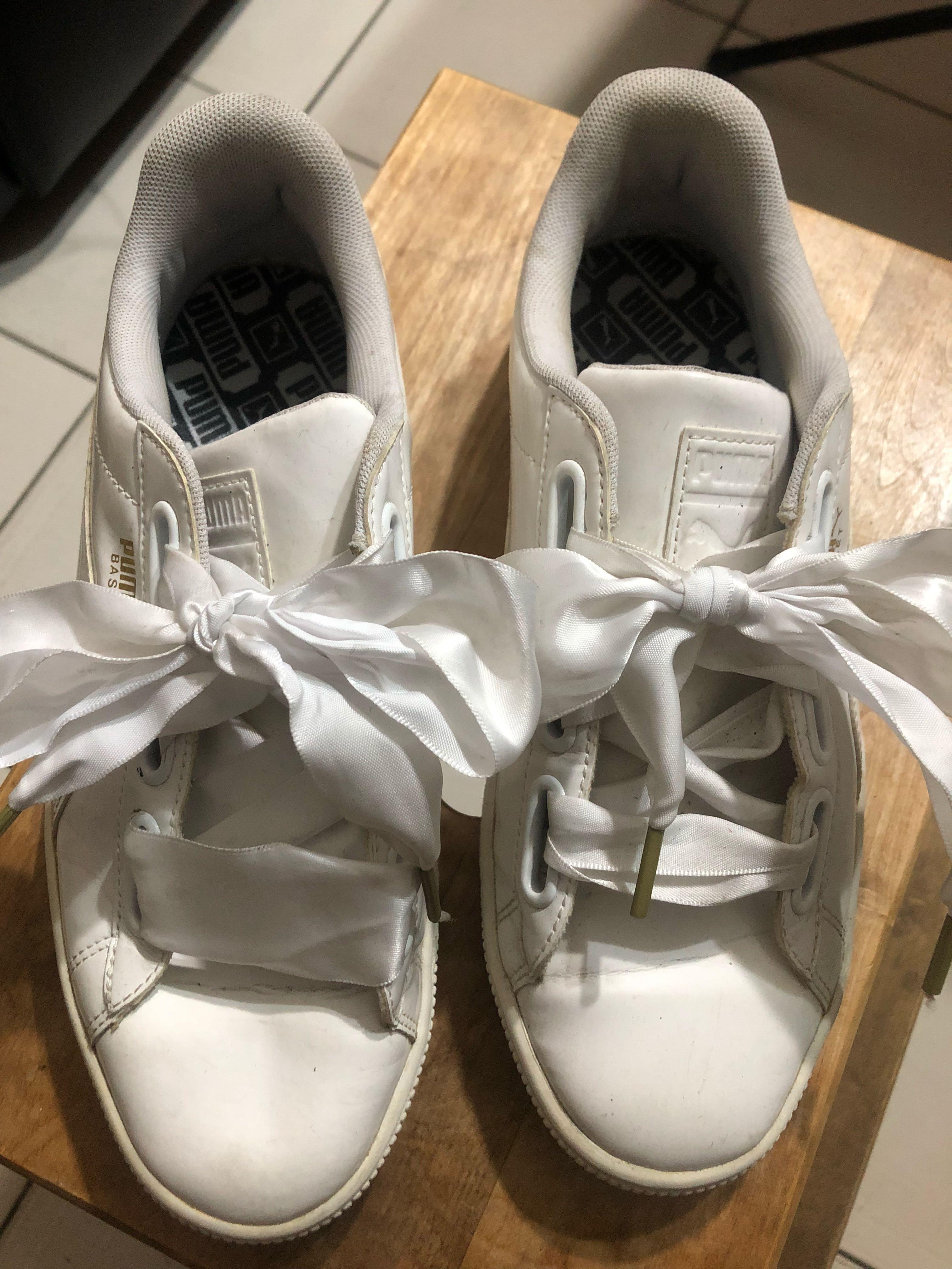 Puma pink basket top heart patent trainers