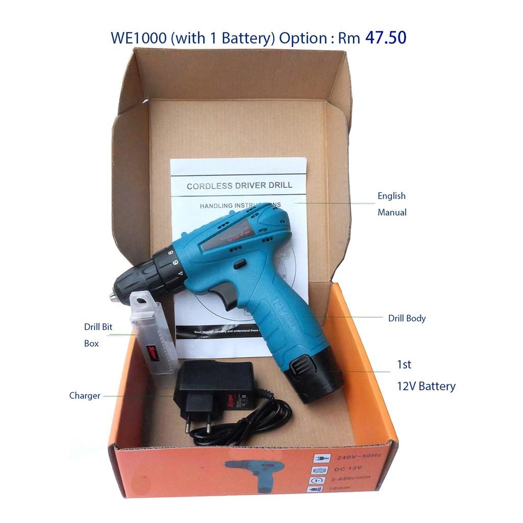 Wately Battery Cordless Drill WE1000 Li Ion 12V c w Screw Bit and Bit Set
