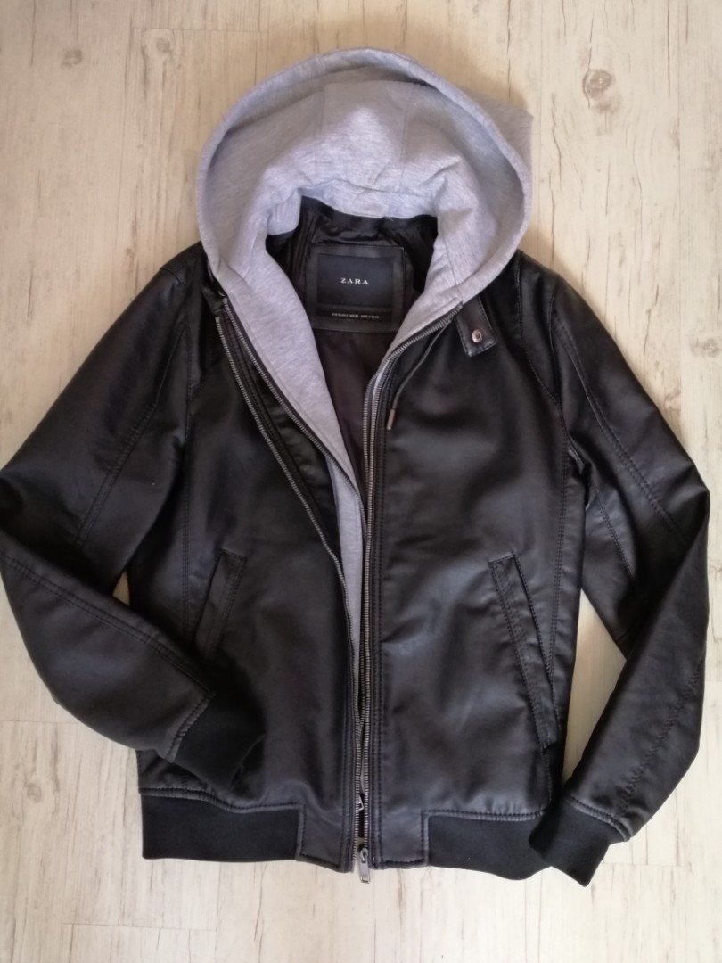 Zara Leather Jacket with hoodie, Men's 