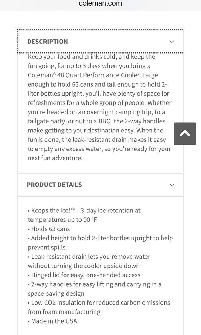 Coleman 48 Quart (45l) Cooler 5248, Sports Equipment, Hiking & Camping