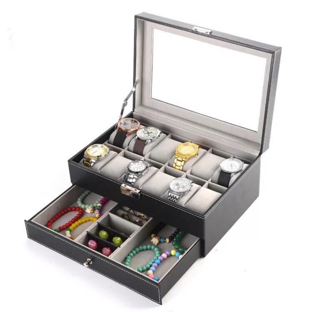 Double Watch Case Watch Storage Box (Category: Storage Boxes & Baskets) located in Manila. Submitted by magicgerry (Listing ID 255995938, Image 3). Description: Watch Jewelry Storage Box with susi (P1,900.00) > 30×20×13cm > AVail. in two colors: Red and Black > With key .
