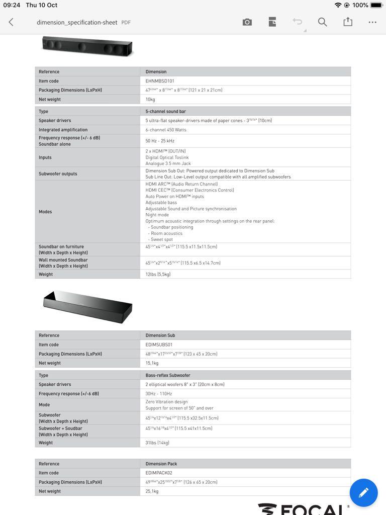 Focal Dimension Soundbar + Subwoofer, Audio, Soundbars, Speakers