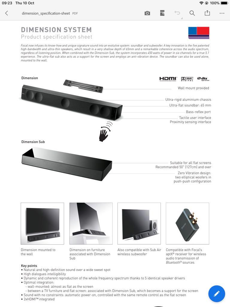 Focal Dimension Soundbar + Subwoofer, Audio, Soundbars, Speakers
