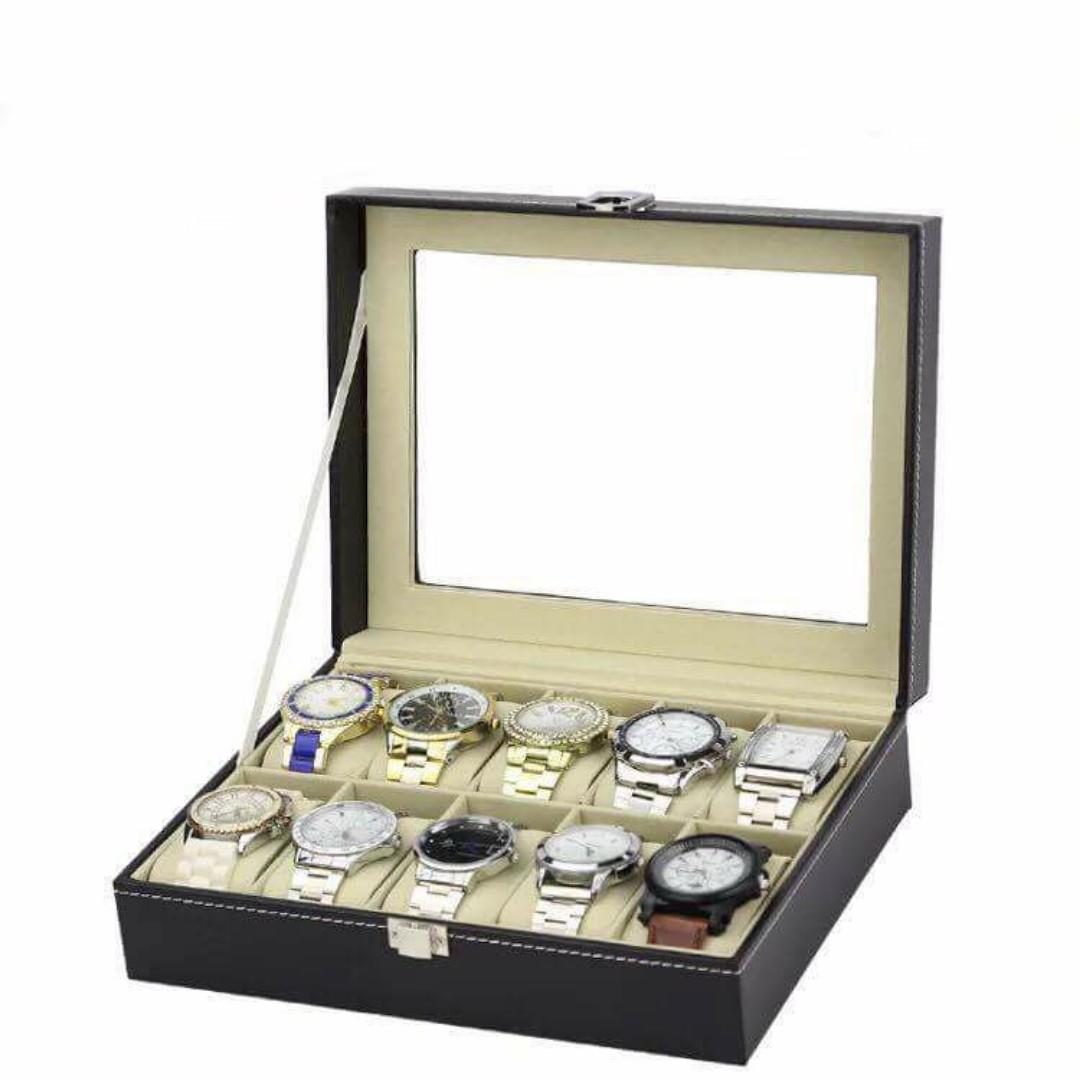 Watch Case Storage Box (Category: Storage Boxes & Baskets) located in Manila. Submitted by magicgerry (Listing ID 255994330, Image 2). Description: Watch Box Large 10 Mens Women's Black Leather Display Glass Top Jewelry Case Organizer (P899.00) > 10 Total Unit Spaces > Vintage Design > Black PU Leather > Dimensions: 26 x 21 x 8cm .