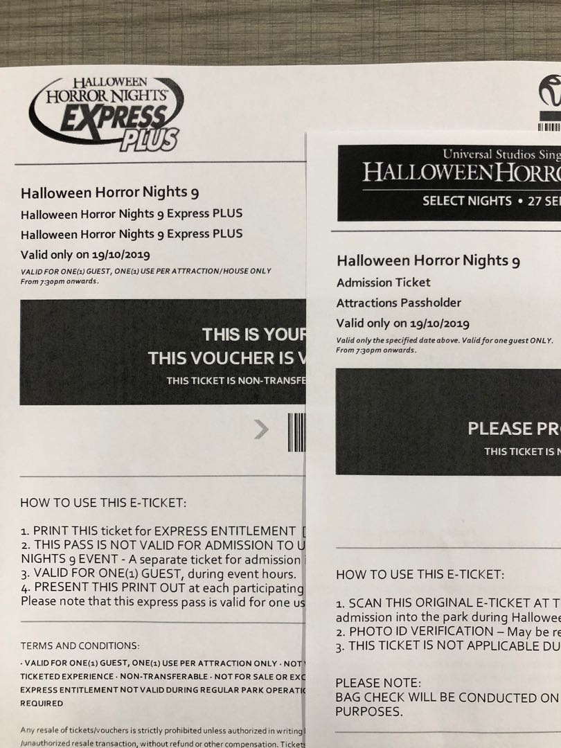 1 pair of USS HHN tickets+express plus 19 Oct ticket, Tickets