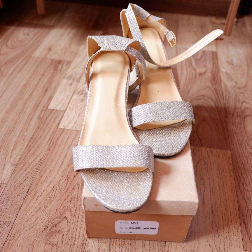 sparkly silver block heels