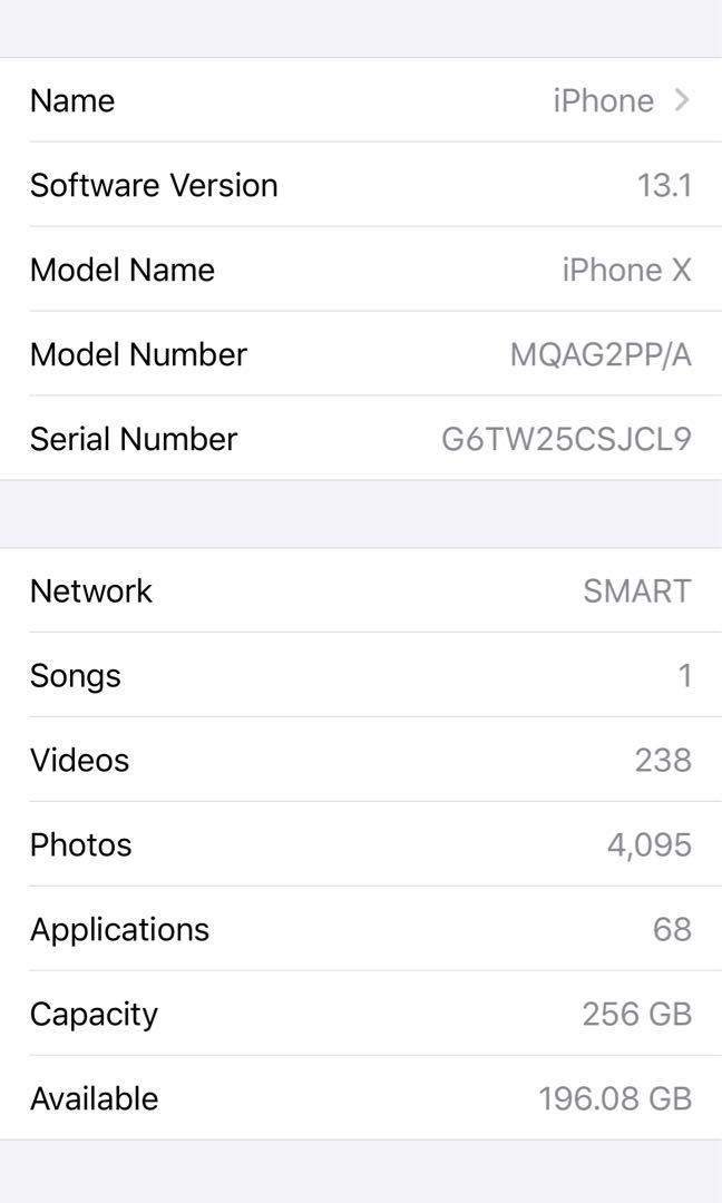 Iphonex 256gb smart lock (Category: iPhone X Series) located in Quezon City. Submitted by senyoritocj (Listing ID 256247829, Image 2). Description: 256gb smartlocked with some scratches 17k with new cord no adaptor and no headset.