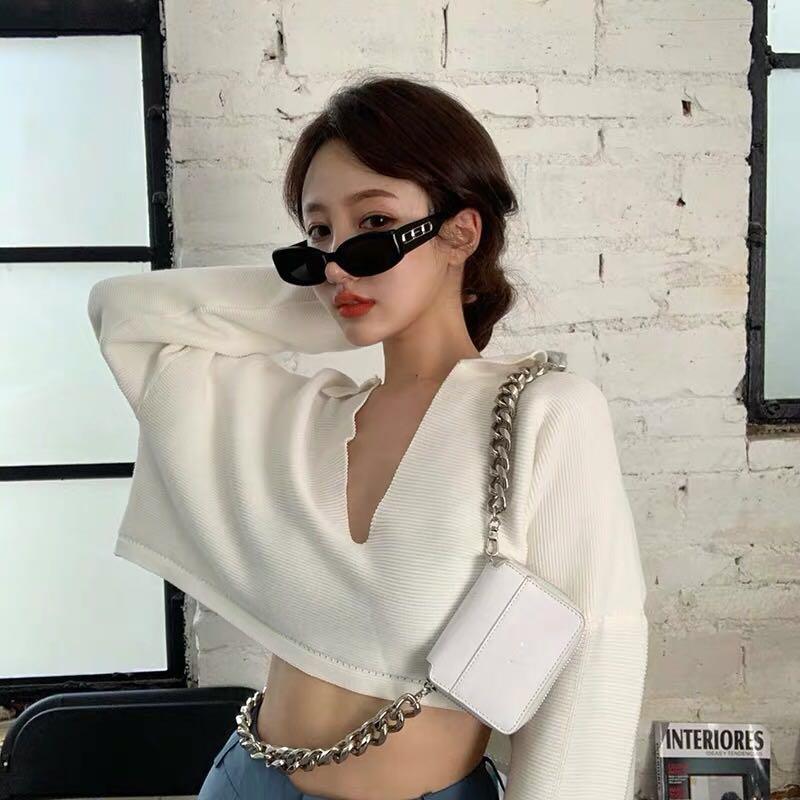 WHITE CROPPED V NECK LOOSE SWEATER Women s Fashion Tops Other
