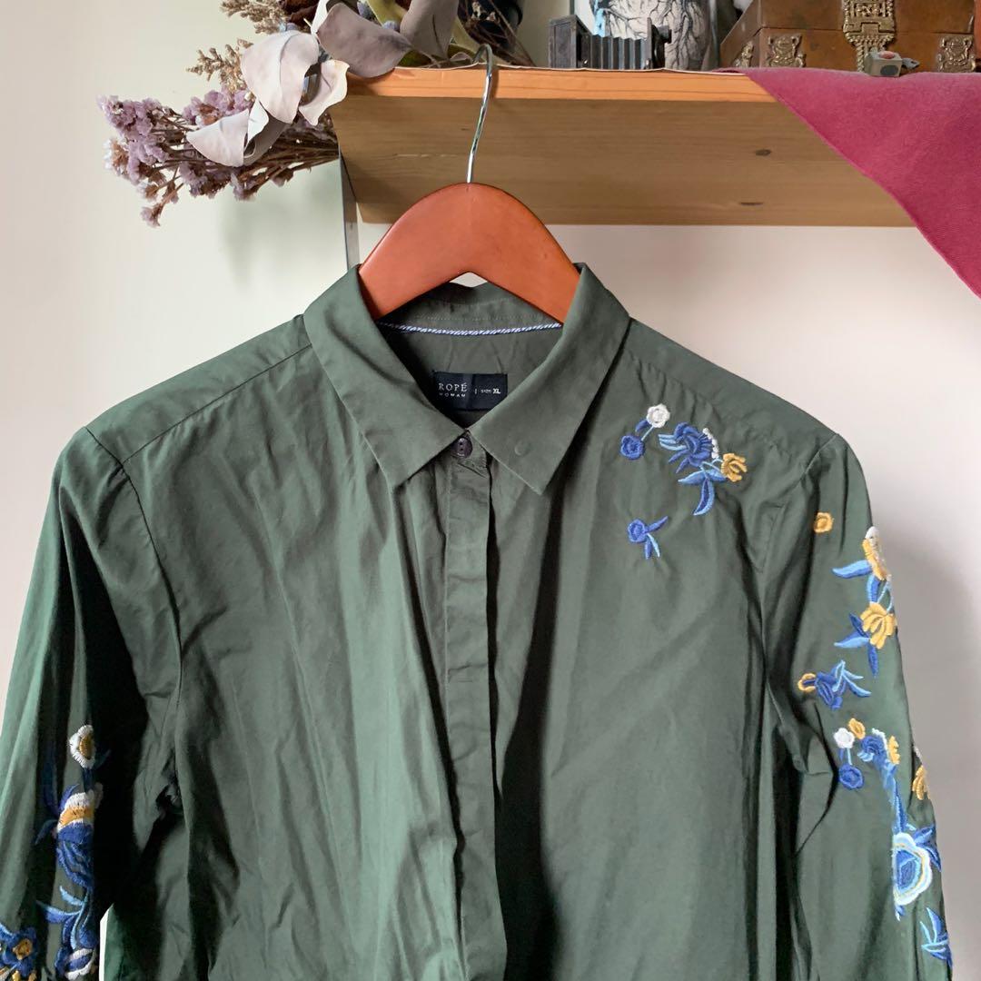 Floral Embroidery Olive Green Button Up Shirt Women S Fashion Clothes Tops On Carousell