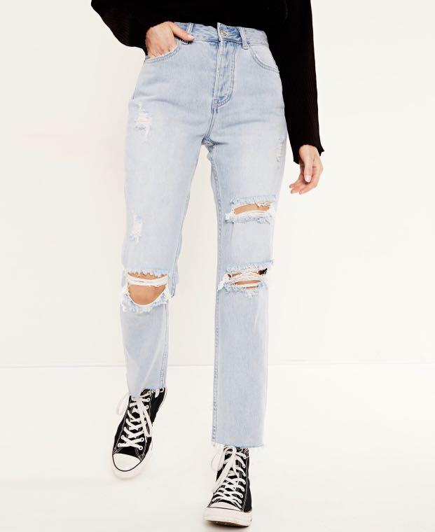 Recycled Ripped Super High Rise 90's Straight Leg Jean In Wash Light