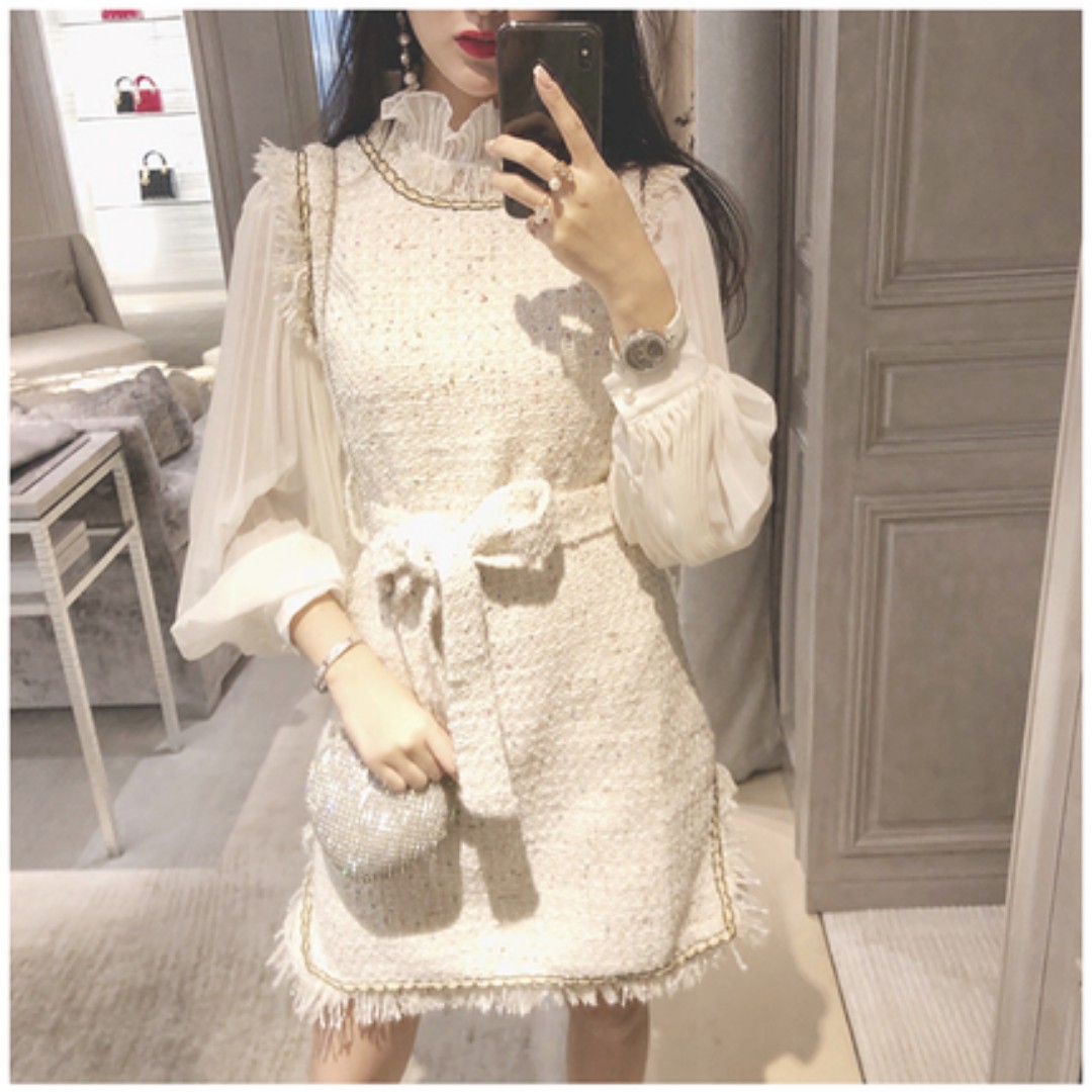 Korean Elegant Chanel Style Ladies Trumpet Sleeves Two Piece Blouse And Dress Women S Fashion Dresses Sets Traditional Ethnic Wear On Carousell