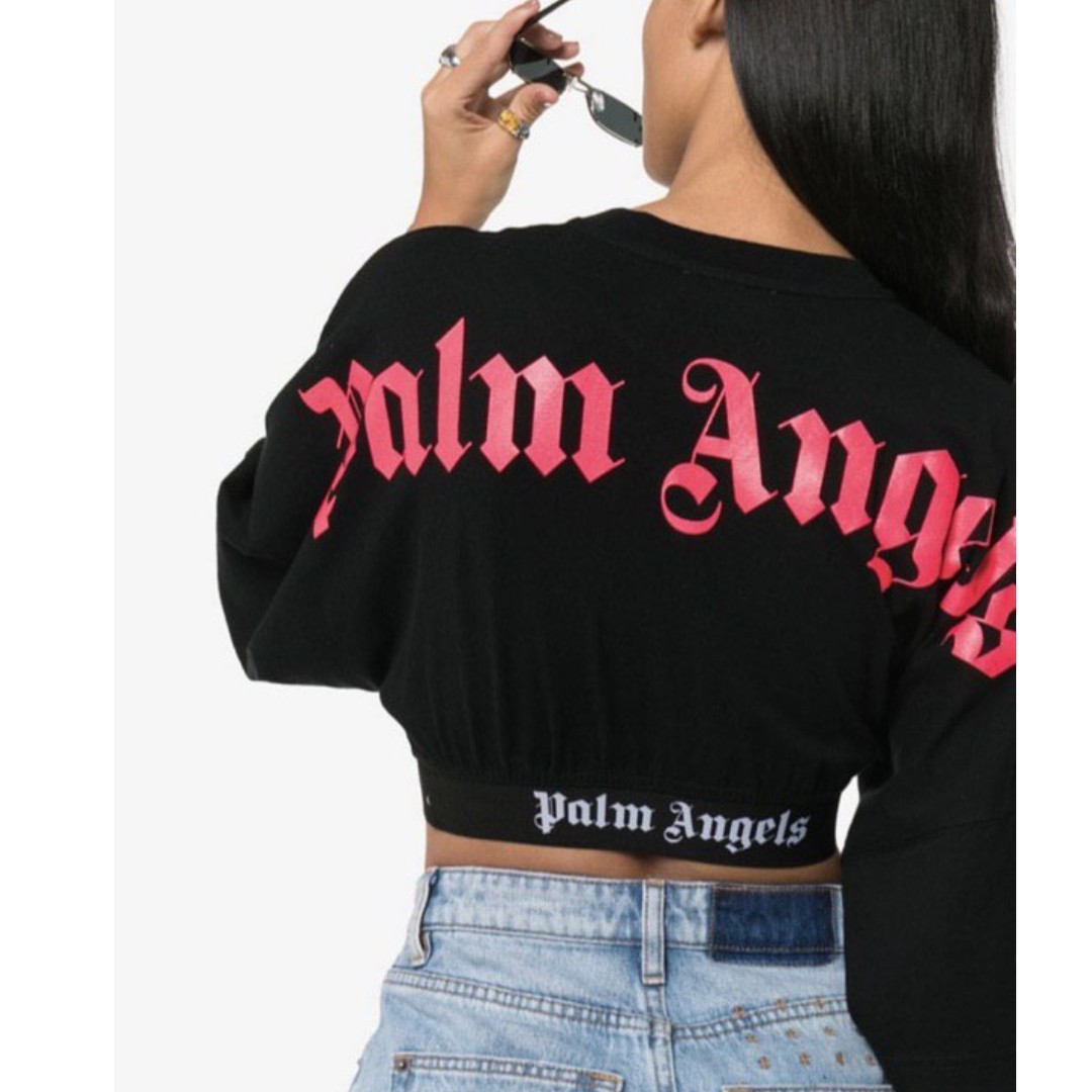 PALM ANGELS BLACK CROP OVER LOGO T-SHIRT, Women's Fashion, Tops, Shirts