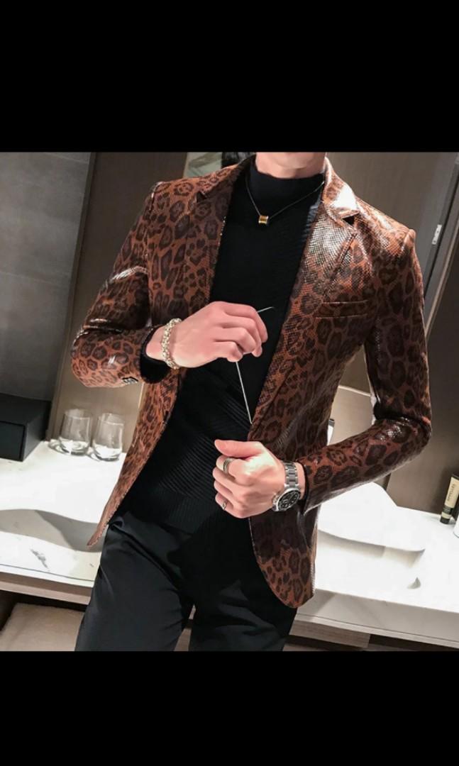 Mens Fashion Leopard Print Blazer Men Blazer Leopard Print Pu