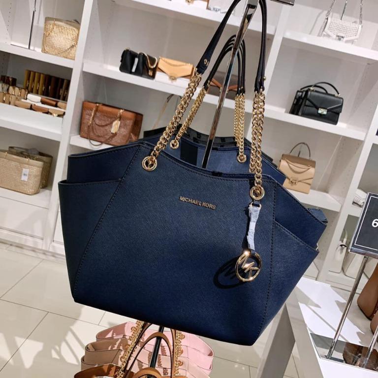 Michael Kors Jet Set Travel Large Chain Shoulder Tote Navy Blue Saffiano  Leather