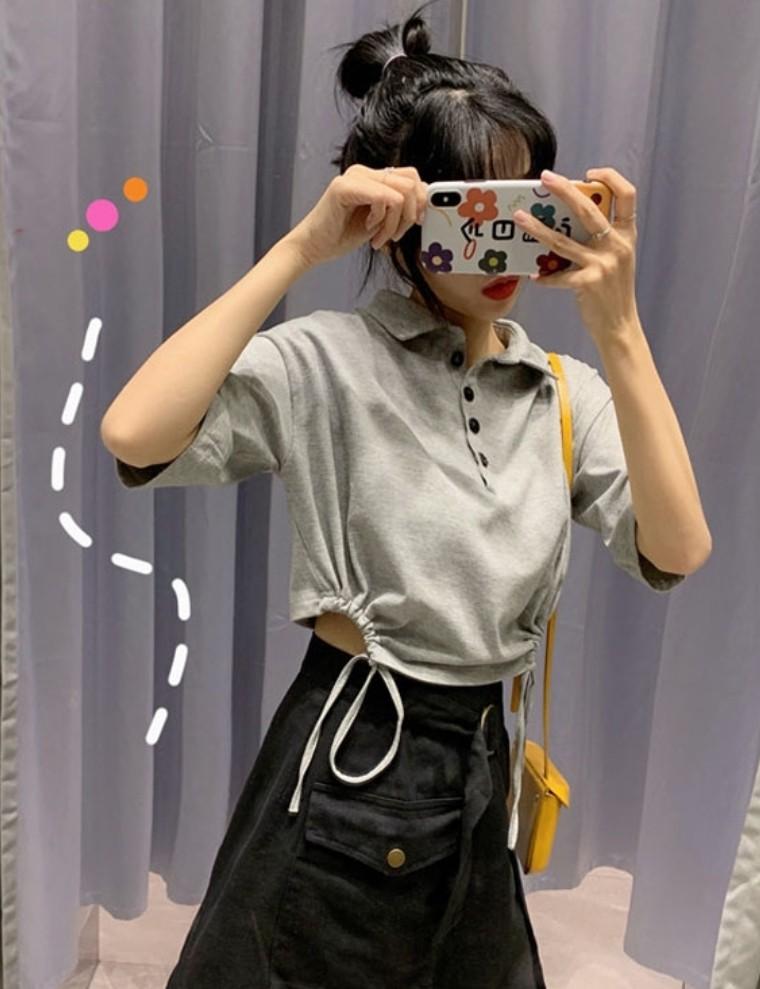 South Korea new fashion chic polo collar t shirt 2019 short sleeve draw string top Women s Fashion Tops Other Tops on Carousell