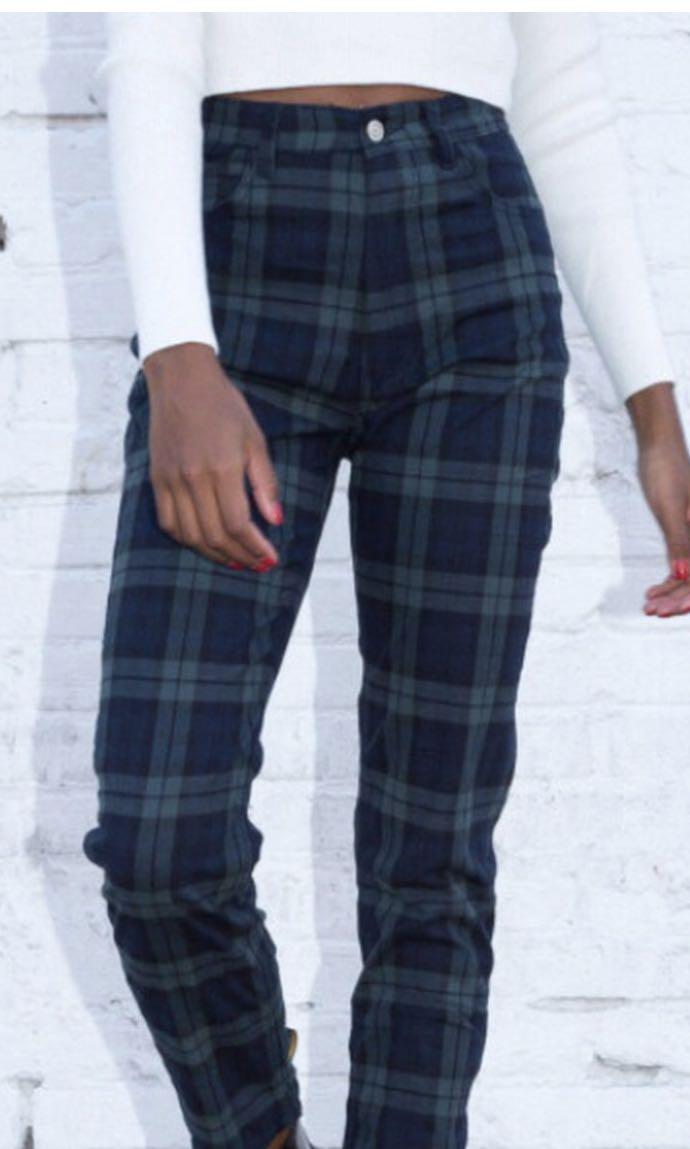 women's blue plaid pants