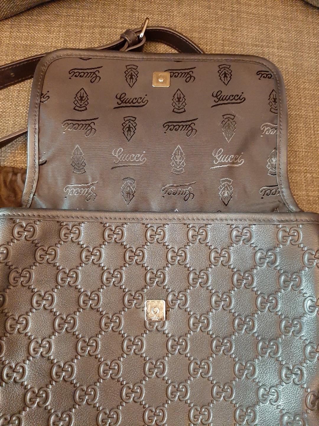 Genuine Guccisima mens leather sling bag (Category: Luxury Bags & Wallets) located in Makati City. Submitted by doctord (Listing ID 257081008, Image 2). Description: Very good condition slightly used gucci brown leather sling bag. No scratches/tarnish whatsoever. Complete with cards and dust bag..