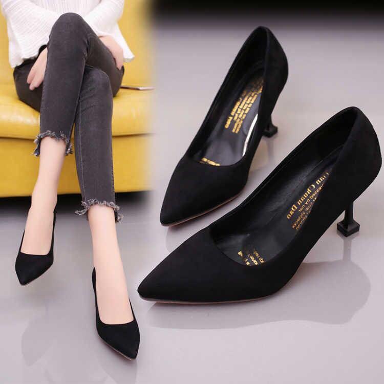 Heels Hitam Tertutup Velvet Suede New Fesyen Wanita Sepatu Di Carousell