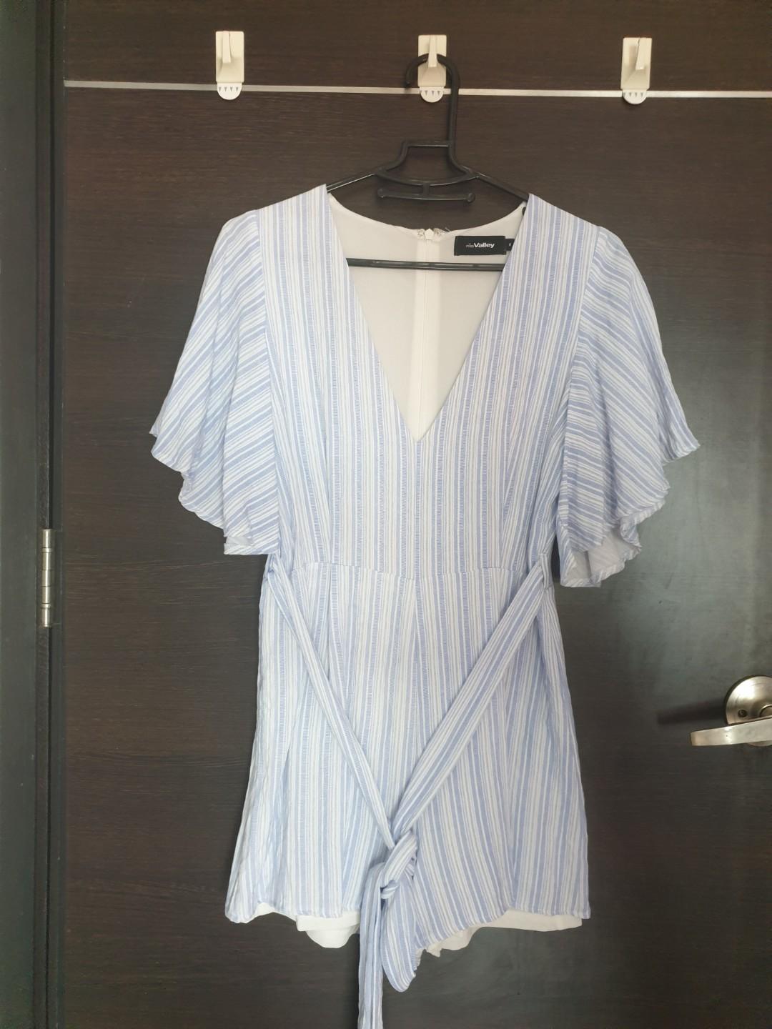 Miss Valley Valleygirl light blue stripe flutter sleeve romper jumpsuit