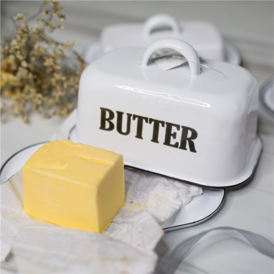 Vintage White Enamel Butter Dish with Lid Butter Bowl Plate Retro