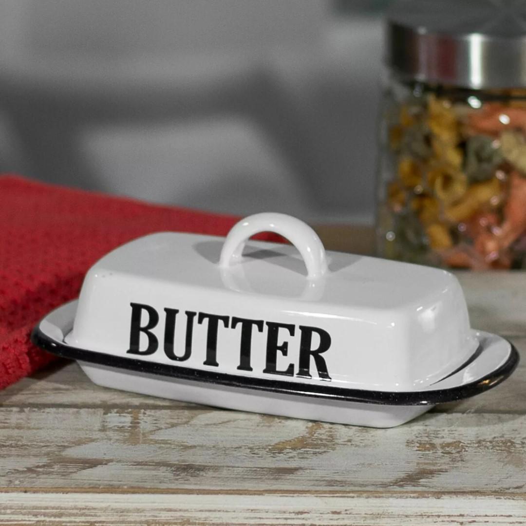 Vintage White Enamel Butter Dish with Lid Butter Bowl Plate Retro
