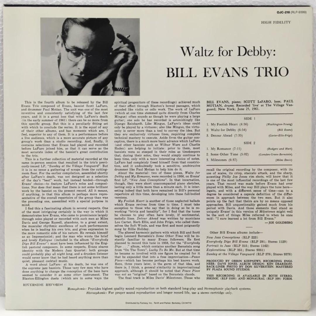 ✓Available: vinyl LP Bill Evans Trio ‎– Waltz For Debby Original Jazz  Classics ‎– OJC-210 Riverside Records ‎– RLP-9399 1985 USA press jazz  piano, Hobbies  Toys, Music  Media, Vinyls on Carousell