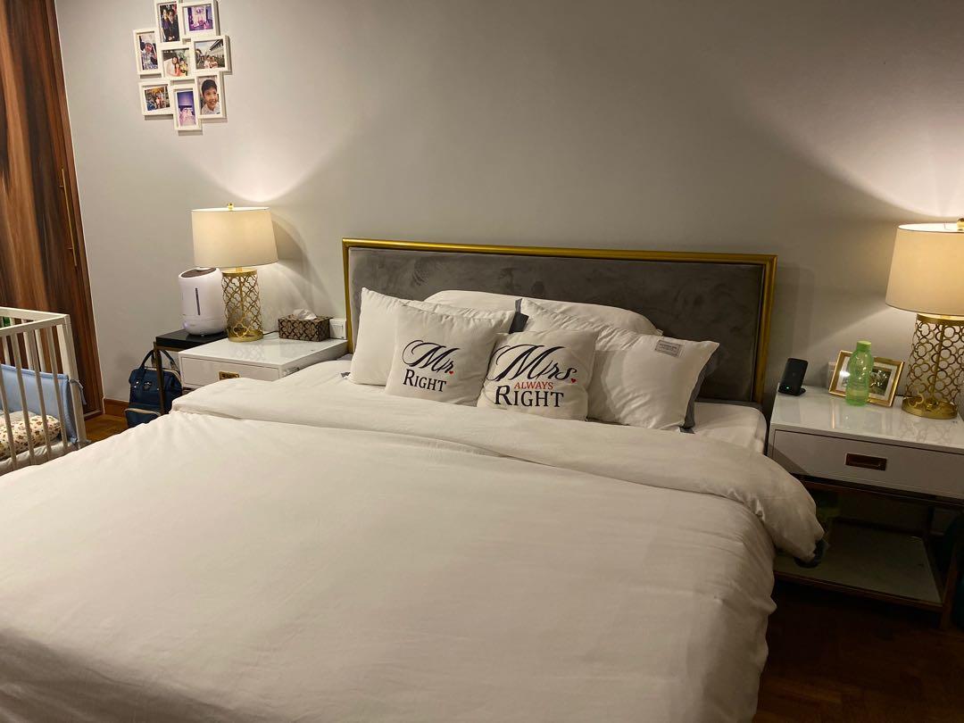 Classy King Size Bed frame, velvet bed head, Furniture & Home Living