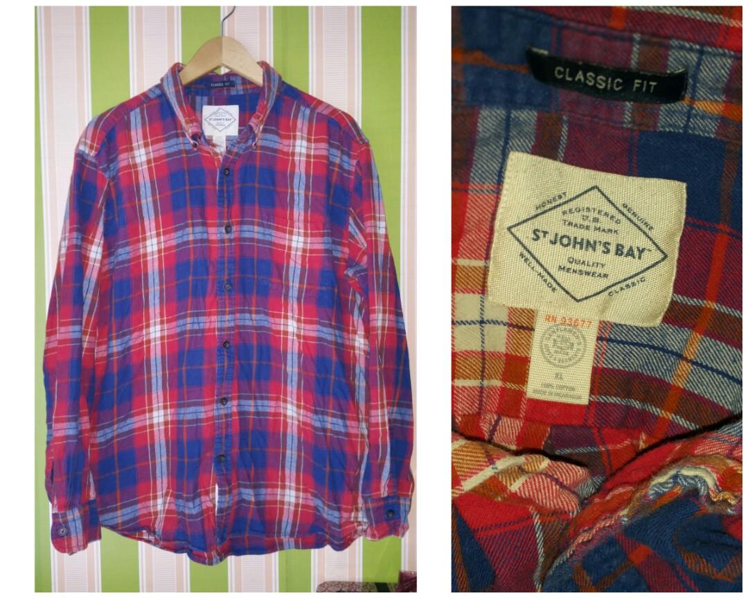 St. John's Bay Classic Fit Long Sleeve Flannel Check Shirt, Men's Size Small cotton gray type Vintage Second Hand