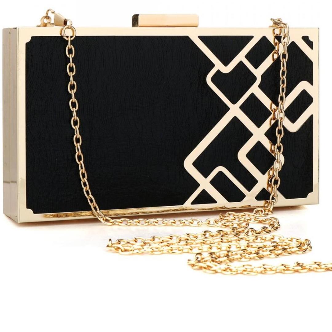 black clutch with gold chain